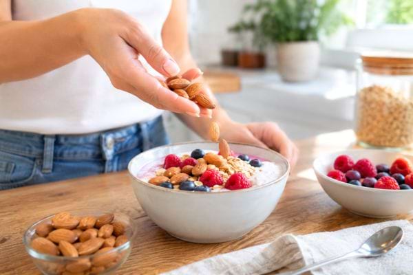 amande dans un yaourt avec fruits rouges bon pour l'organisme et le poids