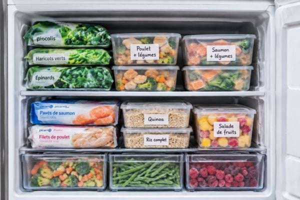 congélateur bien organisé avec légumes et plats Picard