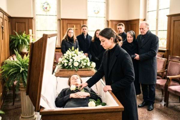 femme en noir qui dépose des fleurs blanches sur un défunt