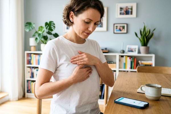 femme en t-shirt blanc qui apprend à palper son sein pour autodépistage