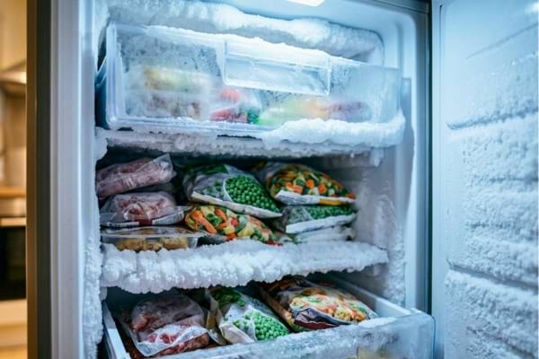 Intérieur d’un congélateur domestique à froid statique avec une couche visible de givre blanc épais