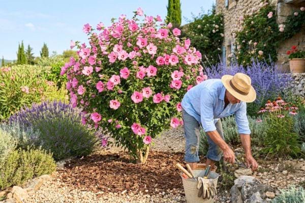 jardinier qui s'occupe d'un althéa en plein été