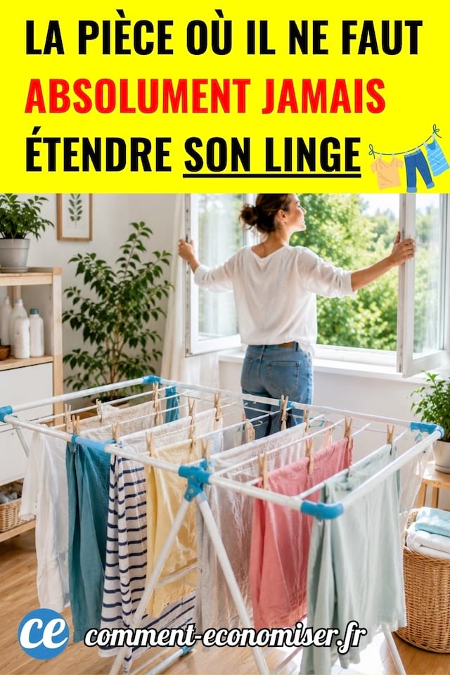 Une femme qui ouvre sa fenêtre pour aérer et sécher son linge