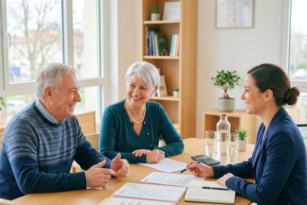 Un couple de retraités souriants discutant avec un conseiller financier dans un bureau