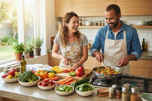 un couple souriant pr&eacute;parant ensemble un repas sain avec beaucoup de l&eacute;gumes frais