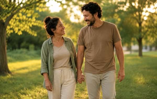 un couple souriant, marchant main dans la main dans un parc verdoyant au coucher du soleil.