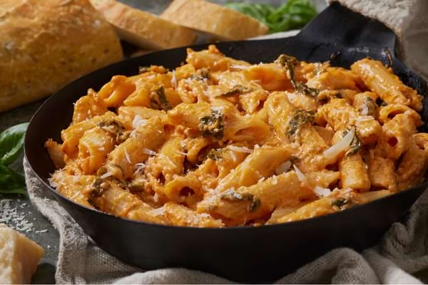 Penne en sauce tomate crémeuse servies dans une poêle avec parmesan et basilic.