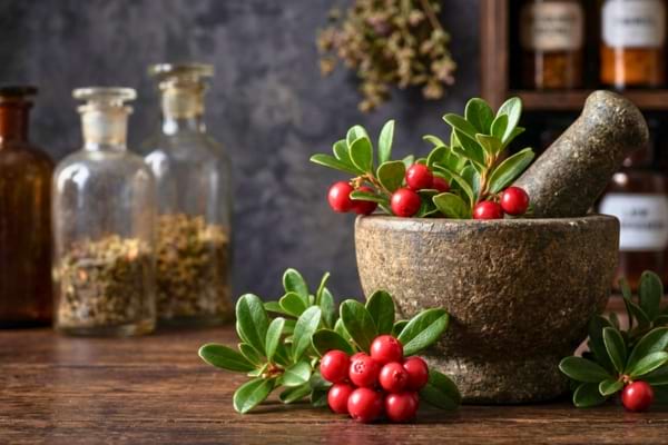Composition élégante de baies rouges de busserole et de feuilles vertes sur un mortier