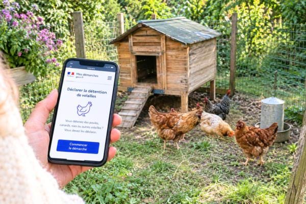 personne qui déclare ses poules avec son téléphone sur le site du ministère