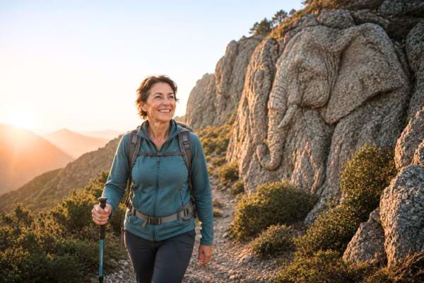 femme qui marche en montagne avec un &eacute;l&eacute;phant grav&eacute; sur une pierre