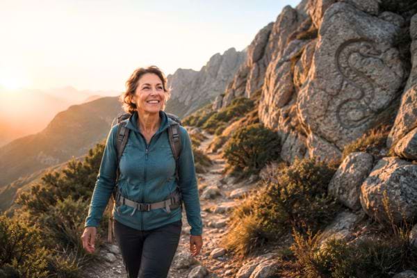 femme qui marche en montagne le matin avec un serpent sculpt&eacute; sur la pierre