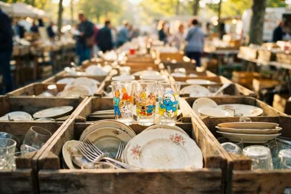 Des caisses en bois rustiques remplies de vaisselle ancienne empilée sur un stand de marché aux puces