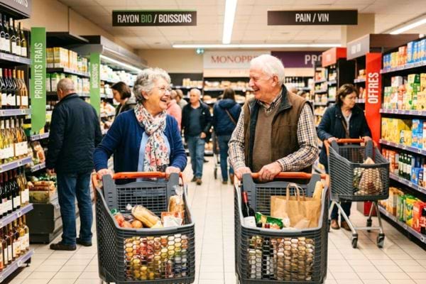 deus personnes &acirc;g&eacute;es discutant dans un supermarch&eacute; bond&eacute;