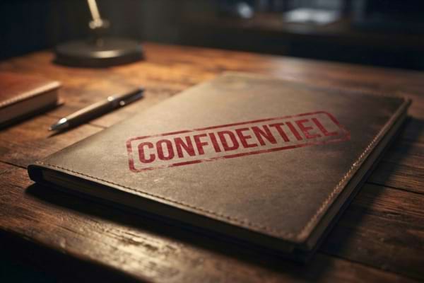 an official document folder resting on a wooden desk, stamped with the word "CONFIDENTIAL"