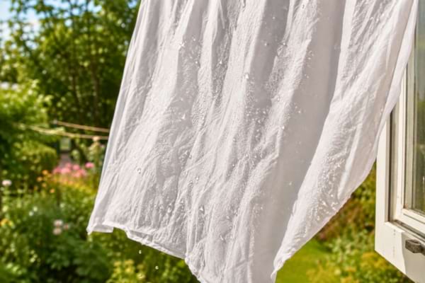 a pristine white wet sheet hanging in front of an open window
