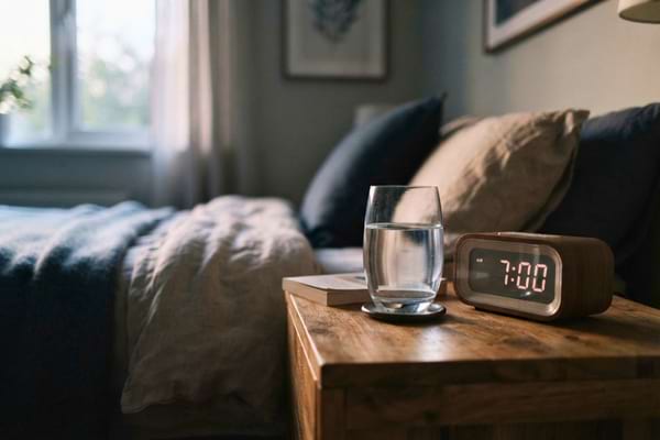 une chambre à coucher plongée dans la pénombre matinale, avec un grand verre d'eau posé sur une table de nuit