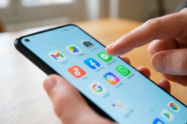 un doigt appuyant sur l'icône d'une application de messagerie sur un smartphone