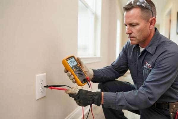Un électricien qui controle une prise électrique