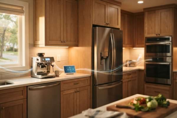 modern kitchen showing various home appliances like a coffee maker, oven, and refrigerator.