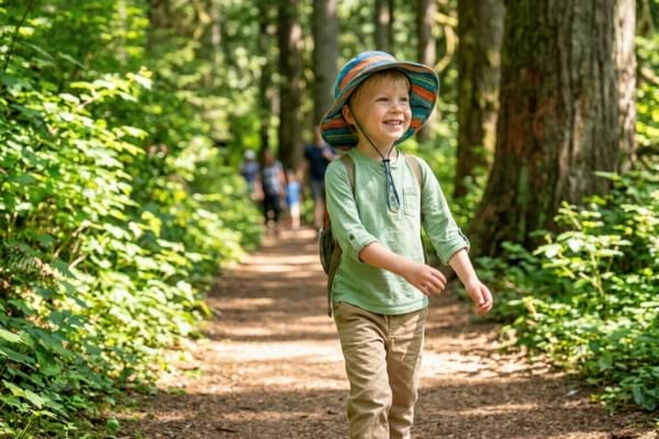 un enfant souriant portant un chapeau de soleil coloré et des vêtements à manches longues
