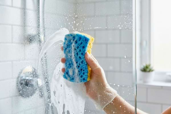 ne &eacute;ponge de nettoyage humide passant sur une paroi de douche en verre
