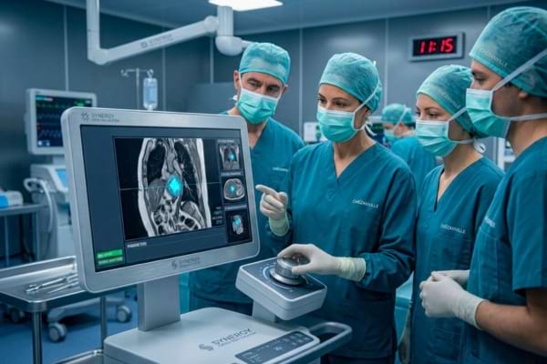 une équipe médicale française en tenue de bloc opératoire