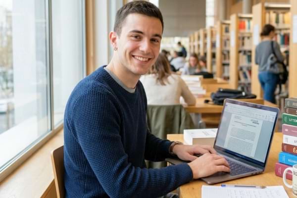 un étudiant souriant dans une bibliothèque lumineuse, tapant sur un ordinateur portable moderne