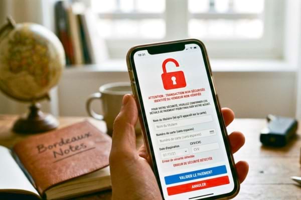 n smartphone affichant une fausse page de validation de paiement avec un cadenas rouge ouvert