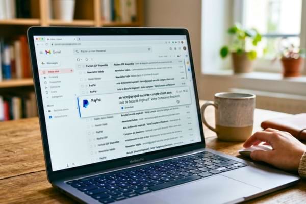 une boîte de réception e-mail montrant un message avec le logo PayPal