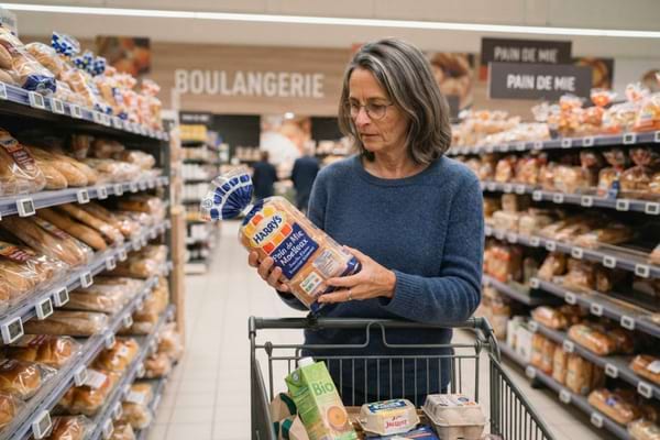 une femme de la cinquantaine dans un supermarché, lisant attentivement l'étiquette nutritionnelle