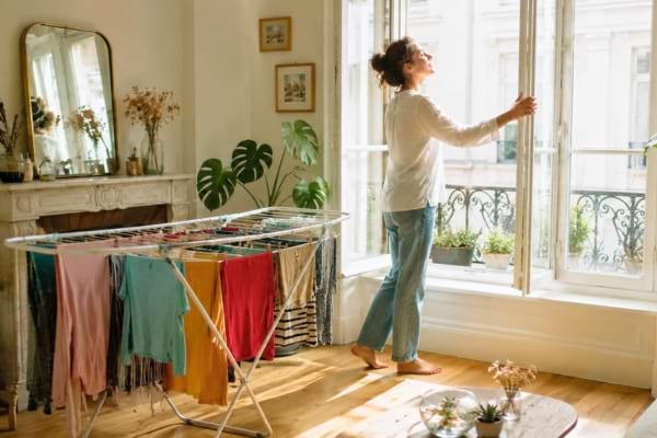 une personne ouvrant grand une fenêtre dans une buanderie ou un salon bien aéré
