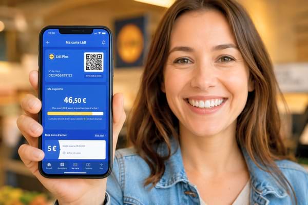 Une personne souriante tenant un smartphone avec une interface d'application LIDl