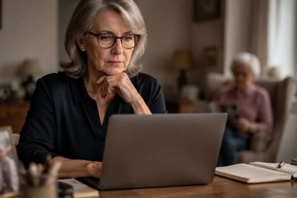 Femme senior préoccupée consultant des documents liés à son emploi et à sa retraite.