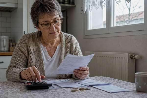 Femme senior calculant ses dépenses face à plusieurs factures sur la table.