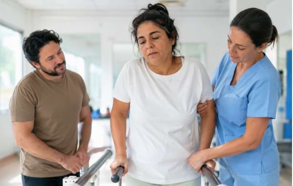 Une femme r&eacute;apprenant &agrave; marcher entre des barres parall&egrave;les