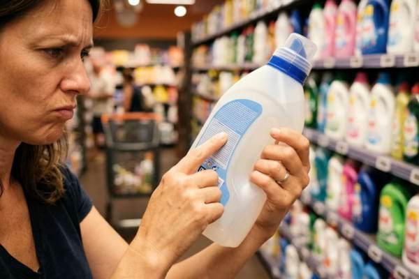 a person turning over an unbranded plastic detergent bottle to read the small ingredient list
