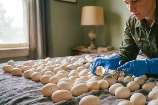 A professional wildlife expert in a uniform, wearing protective gloves, carefully inspecting a bed in a domestic room