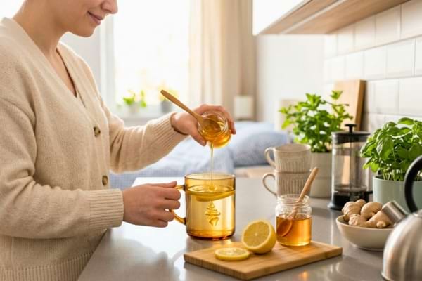 une personne se pr&eacute;parant une infusion au miel et au citron 