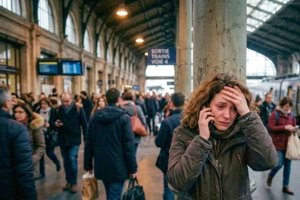 une personne l'air désespéré au téléphone dans une gare bondée