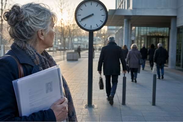Femme senior avec son CV observant des salariés entrer dans un immeuble de bureaux.