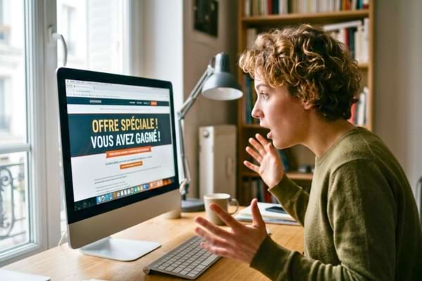 une personne regardant l'écran de son ordinateur avec une expression de surprise face à une annonce