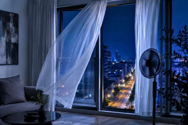 A gentle night breeze is blowing sheer white curtains inward