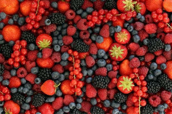 Mélange coloré de fraises, framboises, mûres, myrtilles et groseilles.