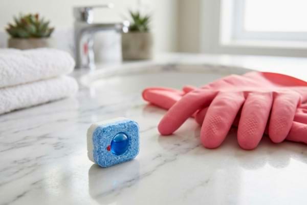 des gants de m&eacute;nage roses pos&eacute;s &agrave; c&ocirc;t&eacute; d'une pastille de lave-vaisselle 
