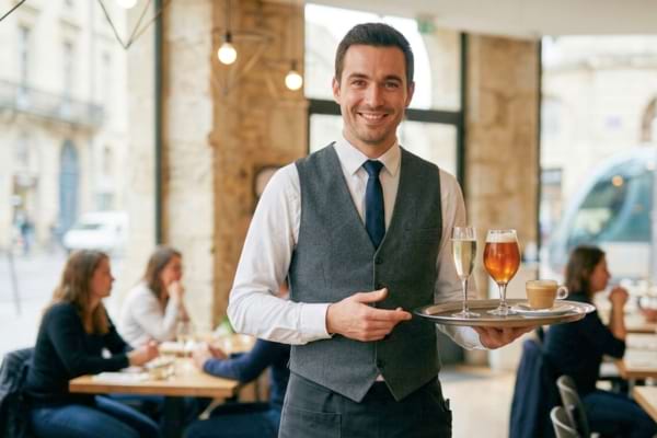 un serveur souriant et élégant dans un restaurant contemporain