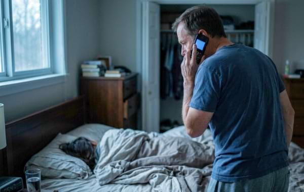 Un homme inquiet, de dos, est au t&eacute;l&eacute;phone, regardant vers un lit d&eacute;fait o&ugrave; l'on devine une personne allong&eacute;e