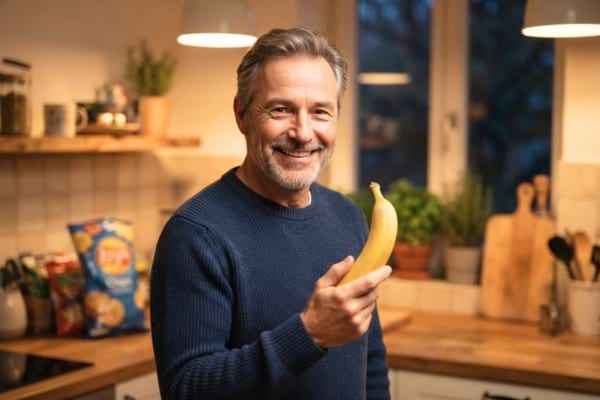 un homme de 59 ans souriant dans une cuisine chaleureuse, tenant une banane mûre à la main