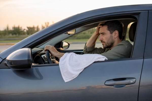 un conducteur inquiet au volant de sa voiture, vue de profil, un linge blanc accroch&eacute; &agrave; sa vitre baiss&eacute;e