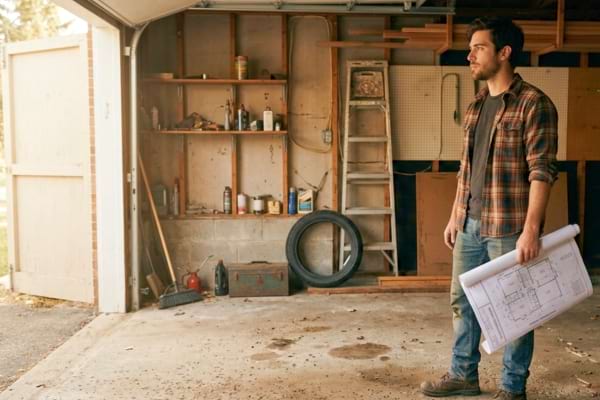 a young man looking thoughtfully at an empty, slightly dusty residential garage