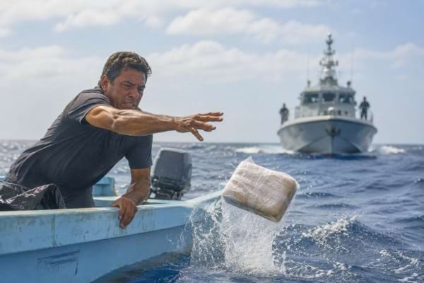 a man on a small boat frantically throwing a sealed plastic package into the ocean